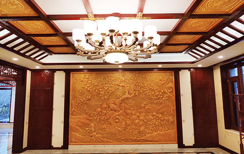 镇江中式别墅客厅中式木作横梁吊顶装饰展示